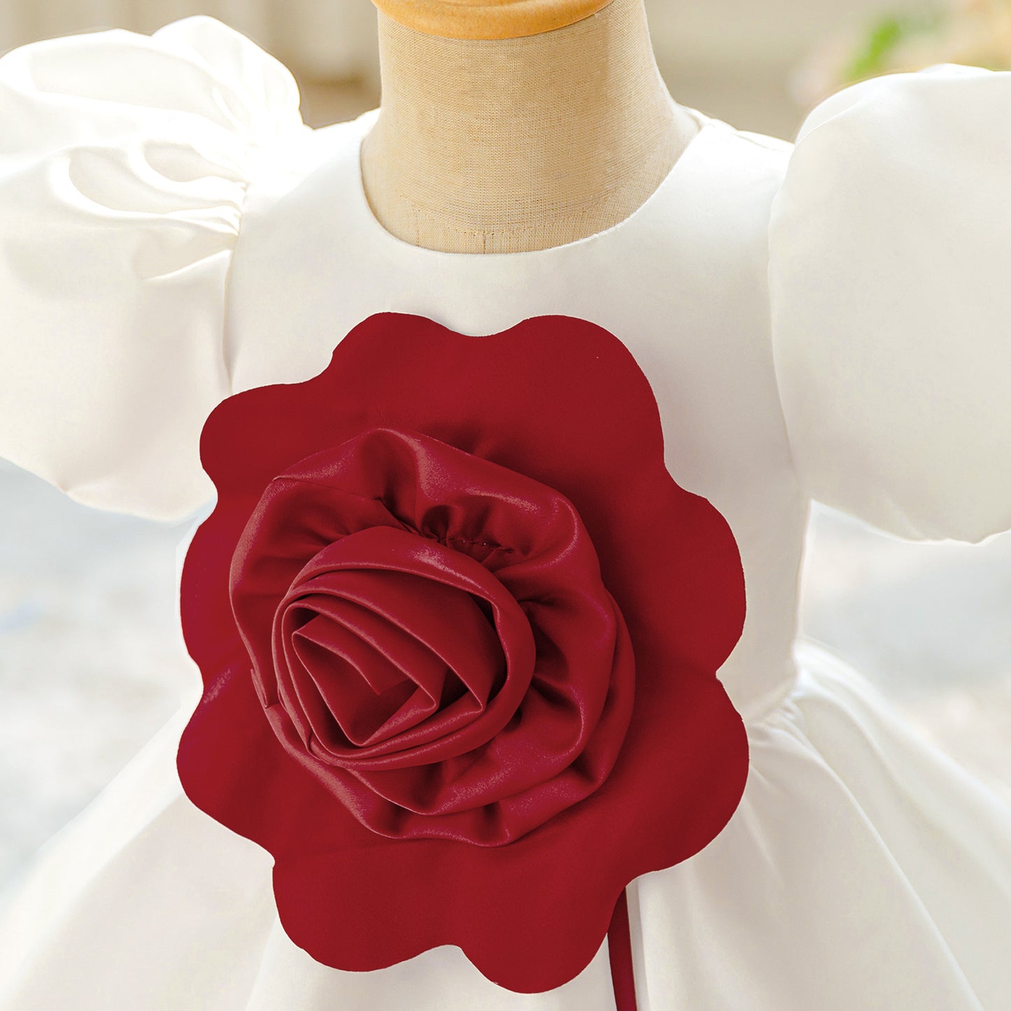 White Satin Tea Length Princess Dress for Baby Girls - Puffy Sleeves & Ruffle Embellishments