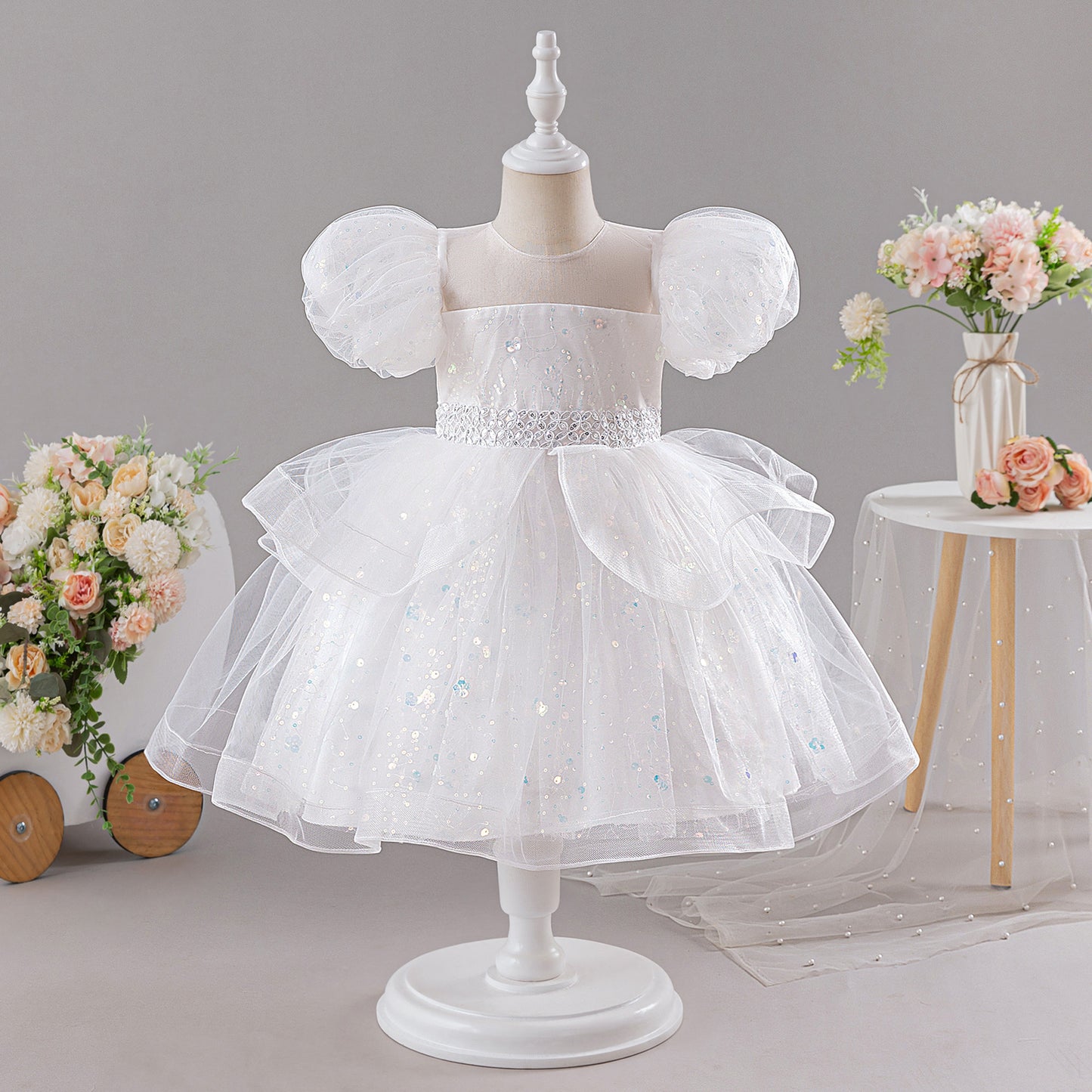 White Sequin Princess Ball Gown Dress for Girls - Puffy Sleeve Flower Girl & Party Gown