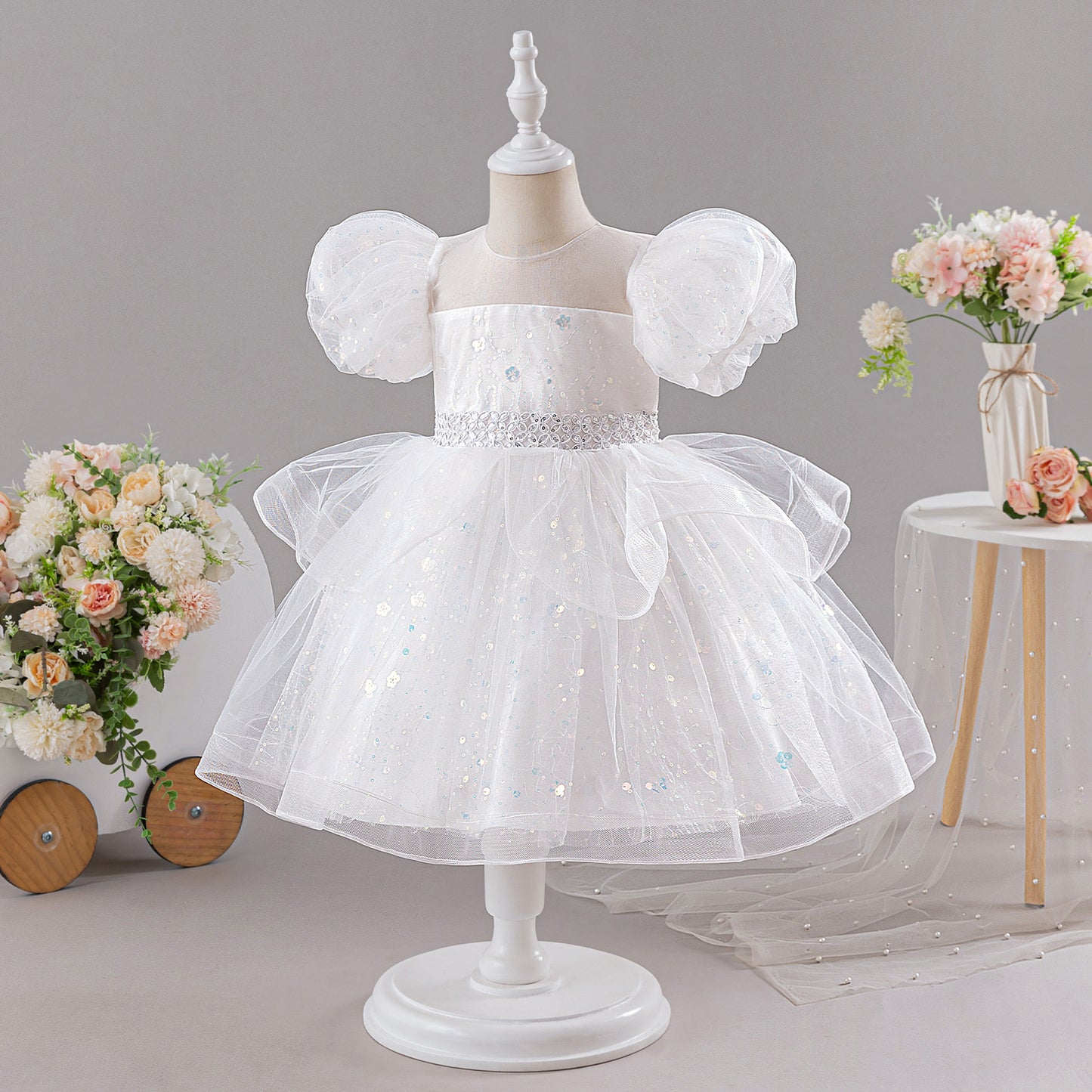 White Sequin Princess Ball Gown Dress for Girls - Puffy Sleeve Flower Girl & Party Gown