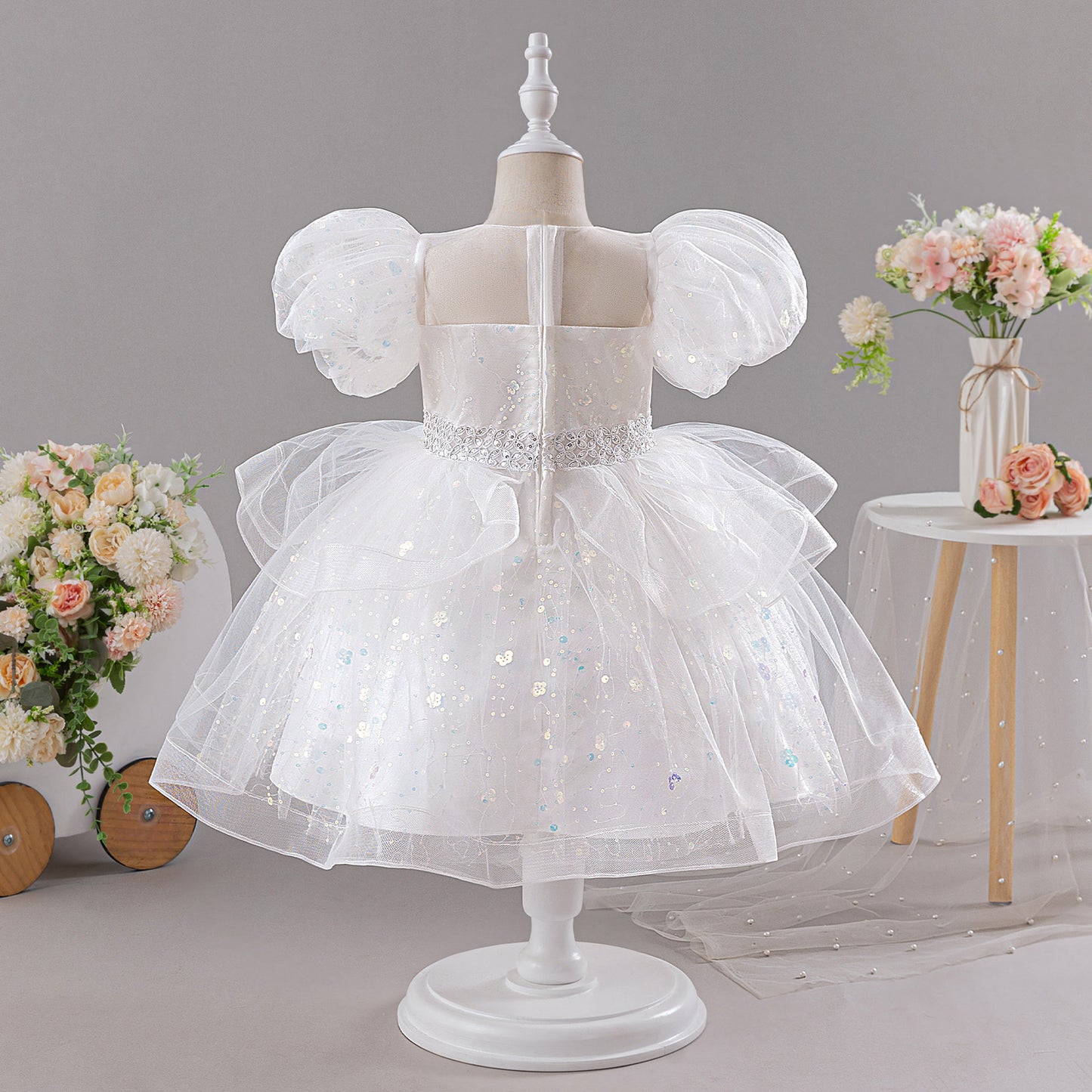 White Sequin Princess Ball Gown Dress for Girls - Puffy Sleeve Flower Girl & Party Gown