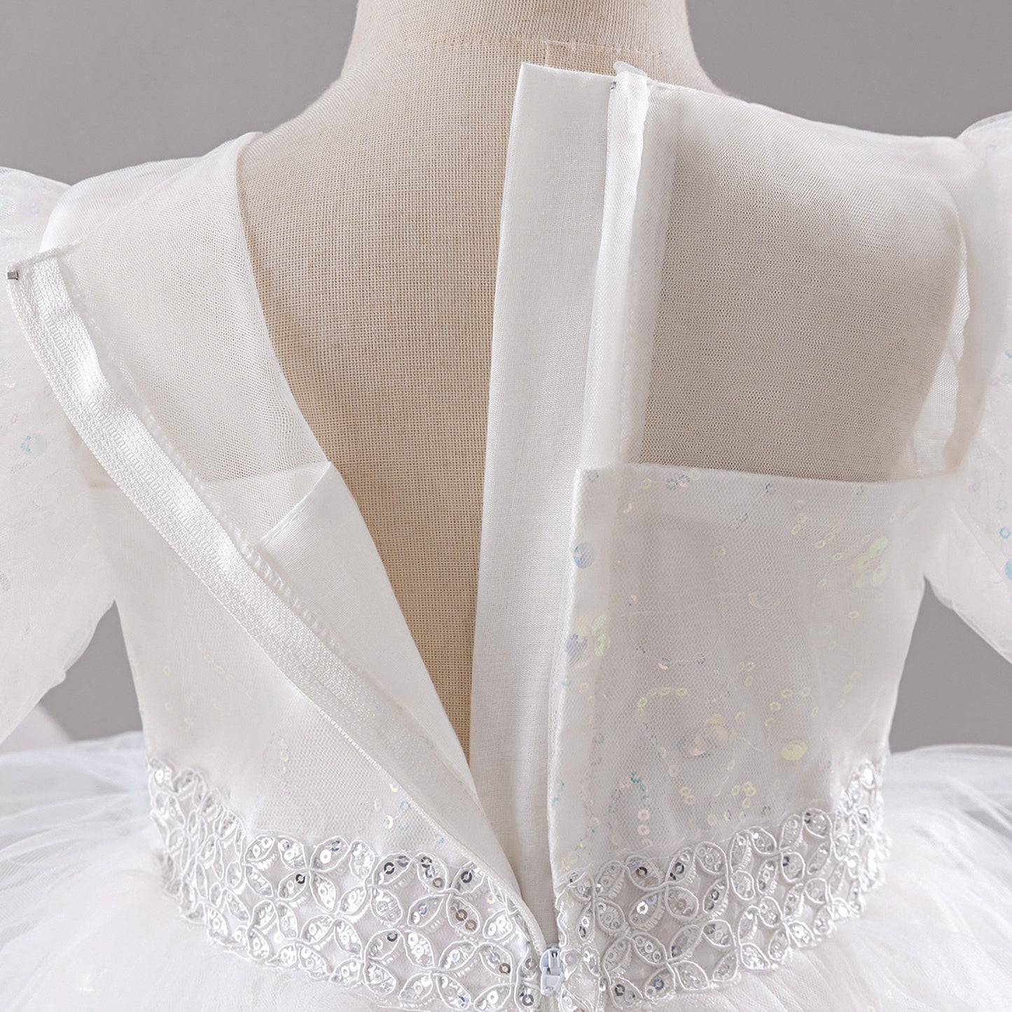 White Sequin Princess Ball Gown Dress for Girls - Puffy Sleeve Flower Girl & Party Gown