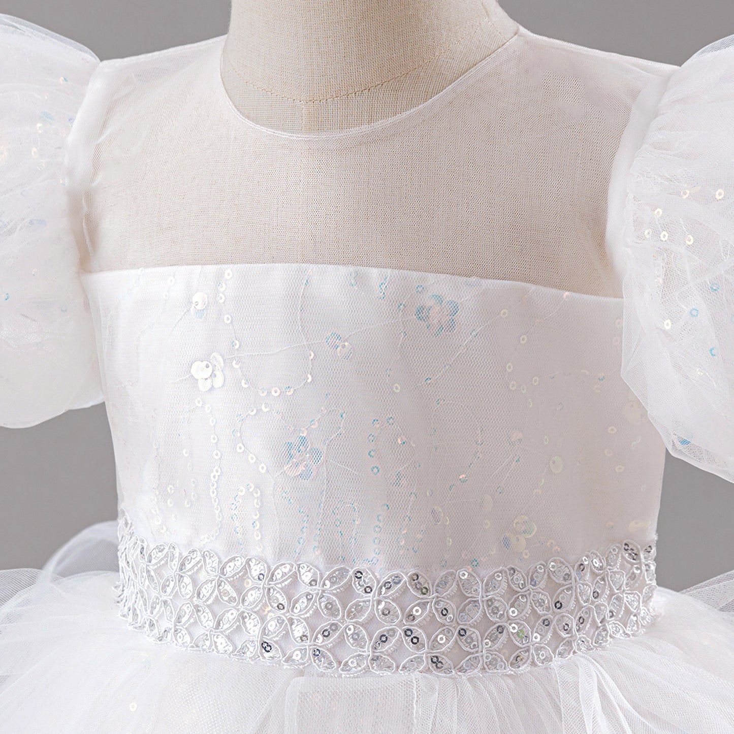 White Sequin Princess Ball Gown Dress for Girls - Puffy Sleeve Flower Girl & Party Gown