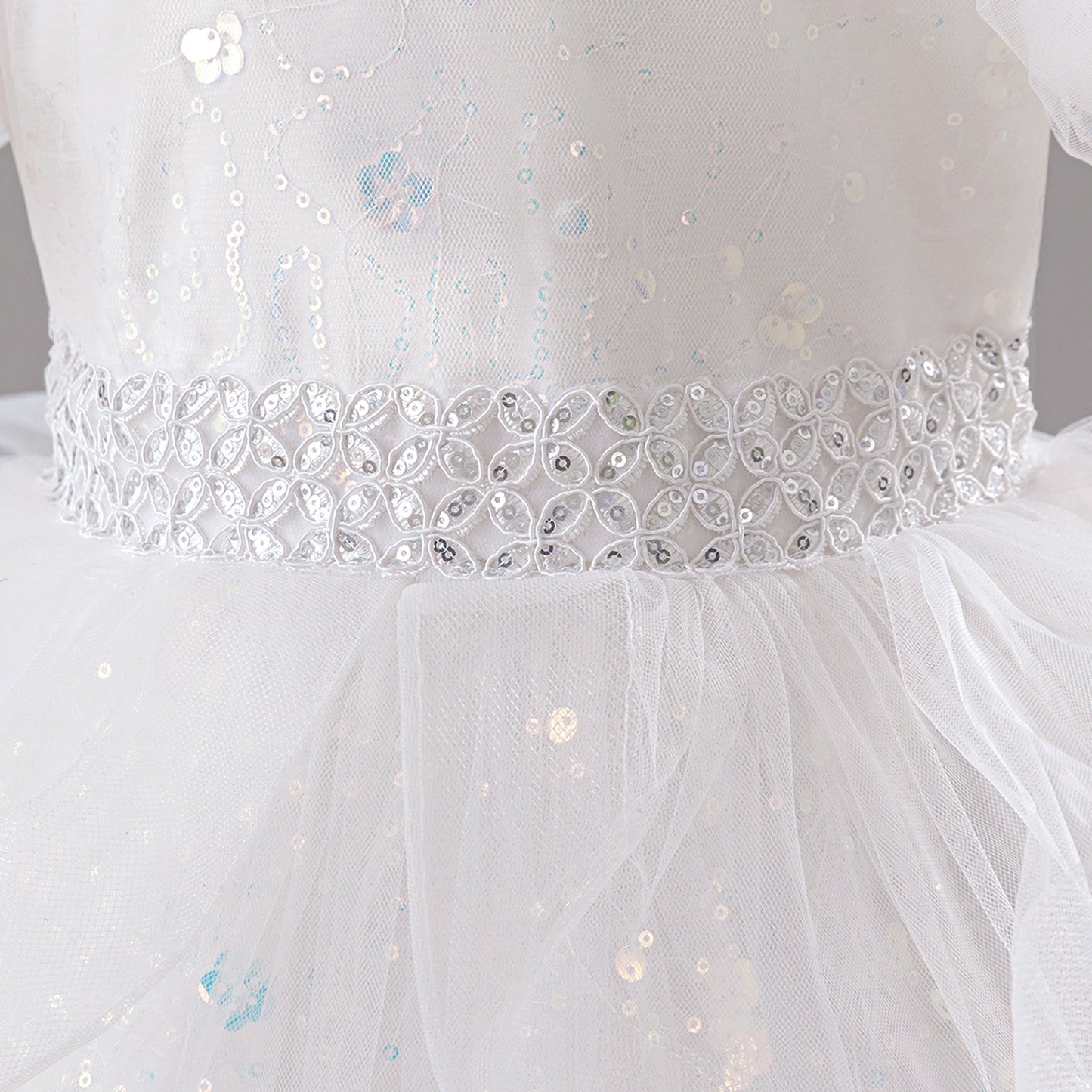 White Sequin Princess Ball Gown Dress for Girls - Puffy Sleeve Flower Girl & Party Gown