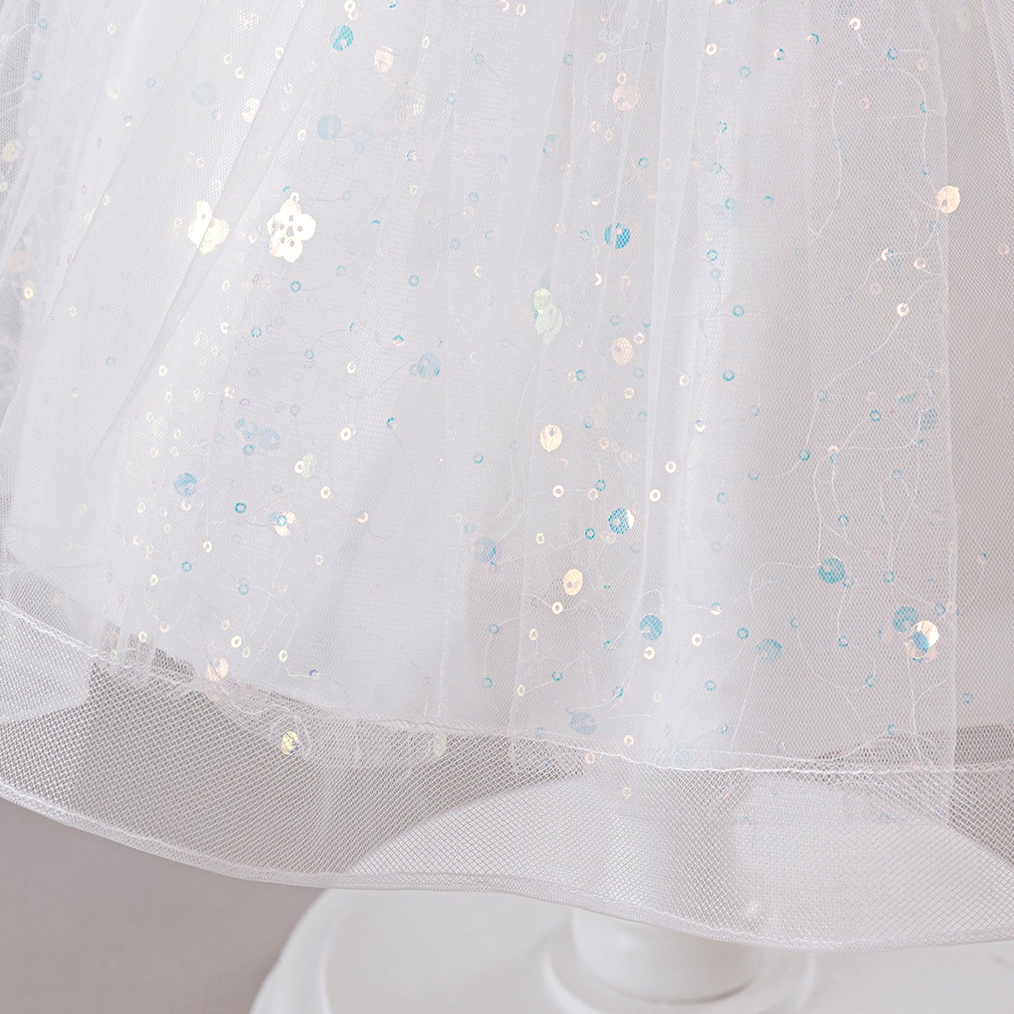 White Sequin Princess Ball Gown Dress for Girls - Puffy Sleeve Flower Girl & Party Gown