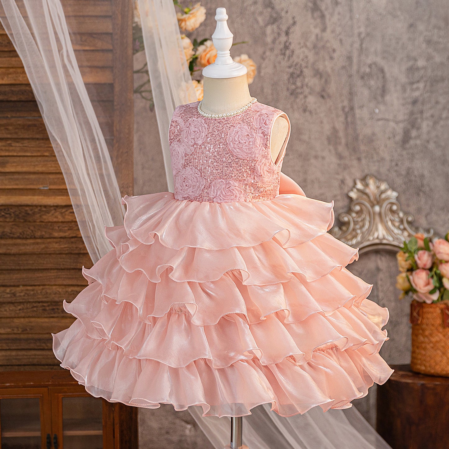 White A-Line Sequin Flower Girl Dress | Tiered Princess Dress for Kids 3-10Y