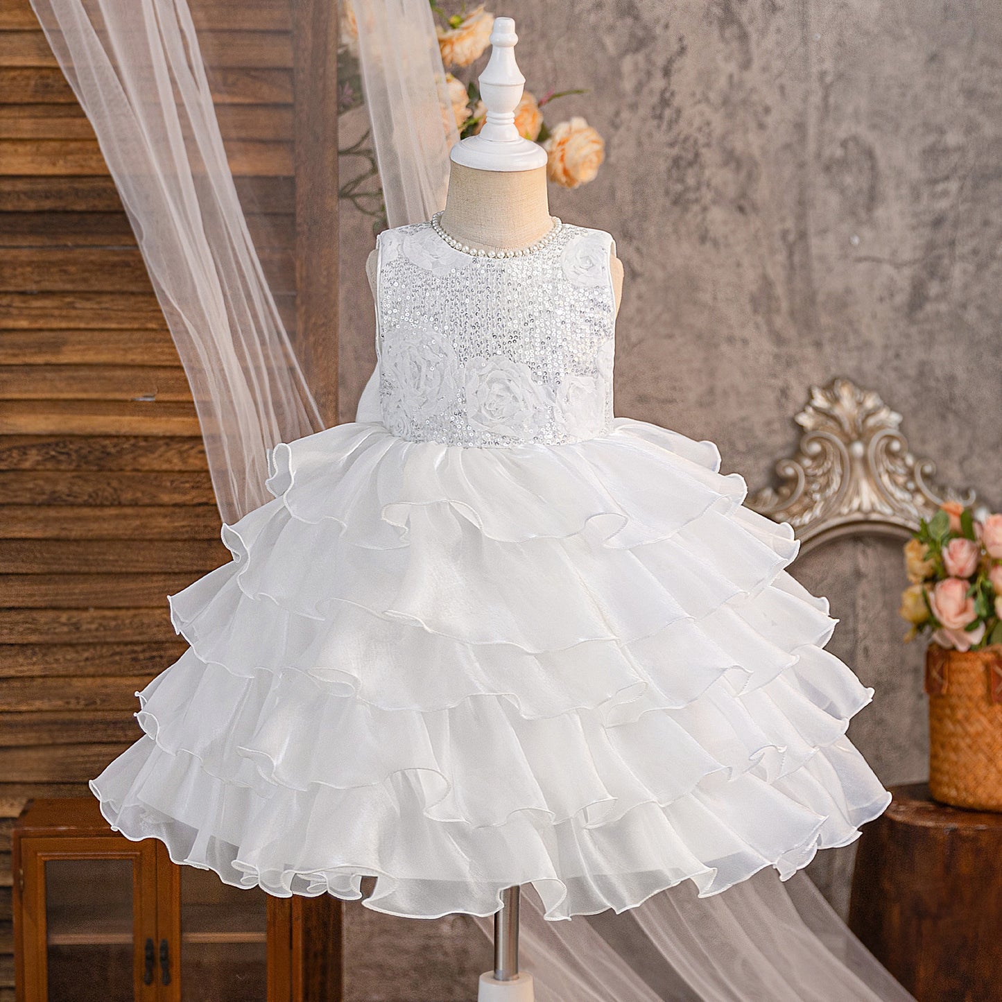 White A-Line Sequin Flower Girl Dress | Tiered Princess Dress for Kids 3-10Y