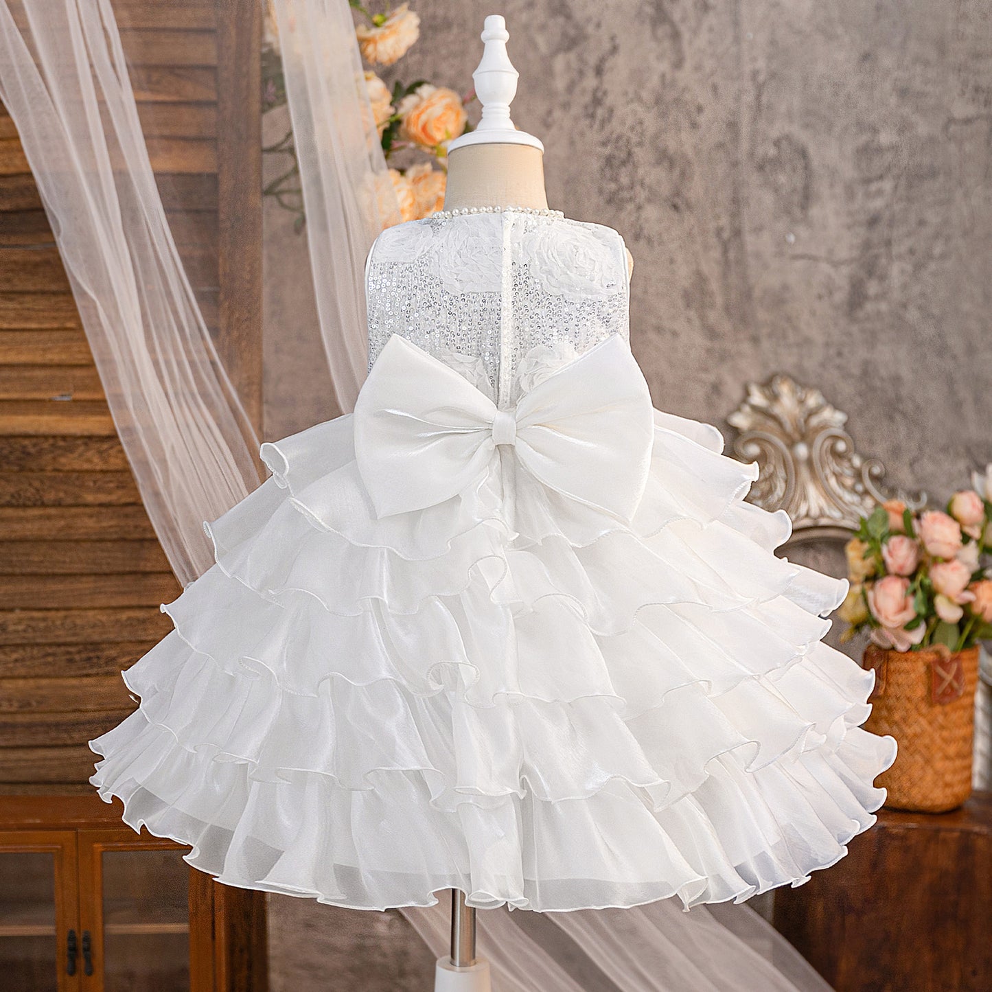 White A-Line Sequin Flower Girl Dress | Tiered Princess Dress for Kids 3-10Y