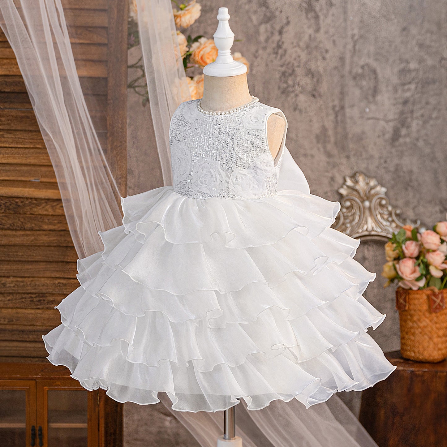 White A-Line Sequin Flower Girl Dress | Tiered Princess Dress for Kids 3-10Y