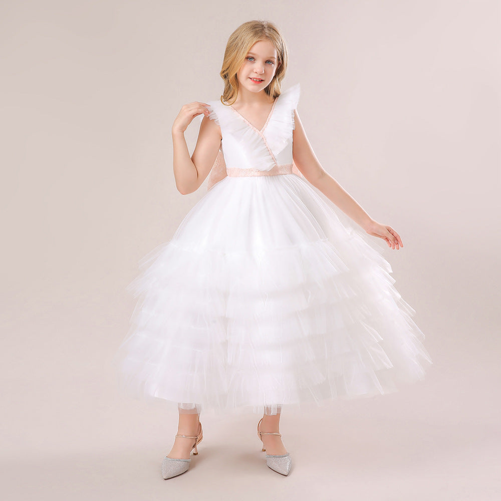 White Tulle A-Line Flower Girl Dress with Lace & Bowknot – Cute Kids Party Gown