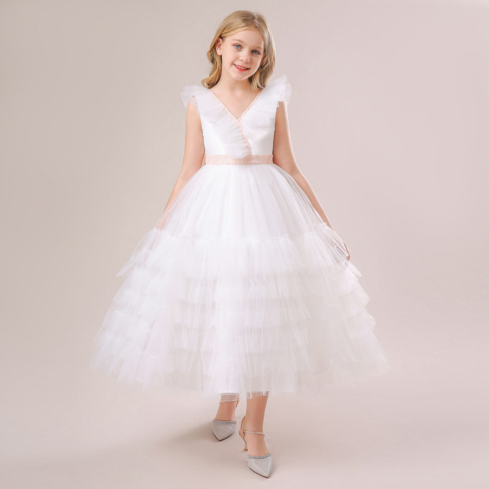 White Tulle A-Line Flower Girl Dress with Lace & Bowknot – Cute Kids Party Gown