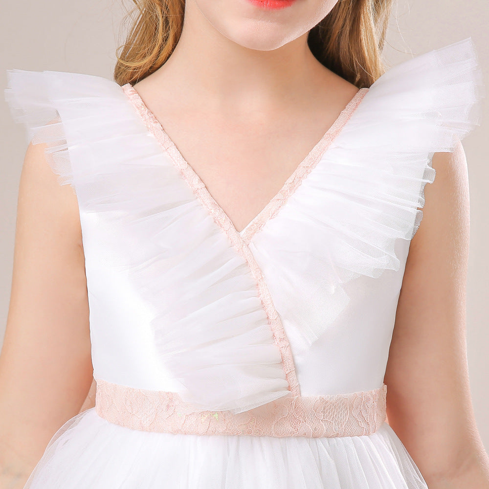 White Tulle A-Line Flower Girl Dress with Lace & Bowknot – Cute Kids Party Gown