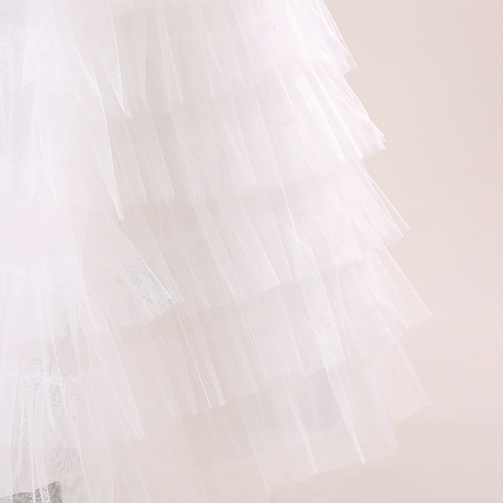 White Tulle A-Line Flower Girl Dress with Lace & Bowknot – Cute Kids Party Gown