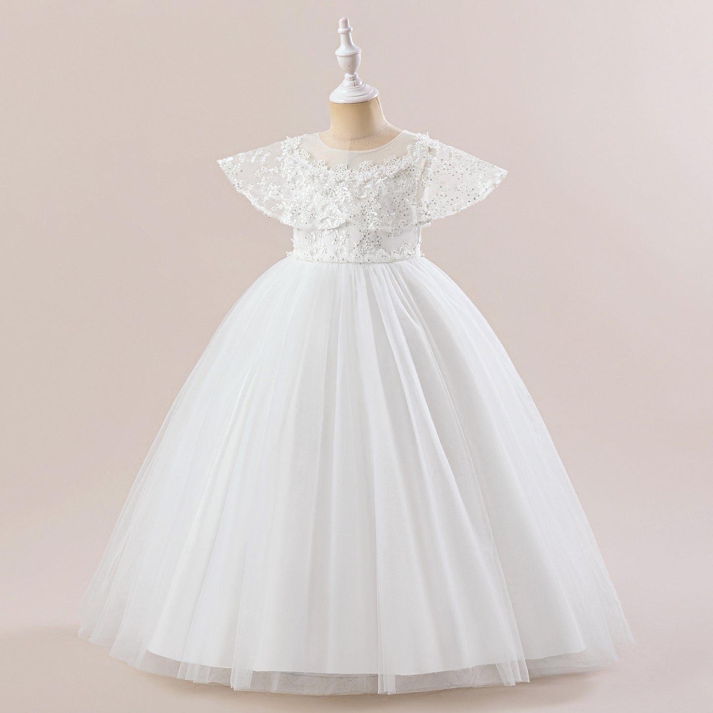 White Girls' Maxi Tulle Dress with Sequins – Flower Girl & Party Gown