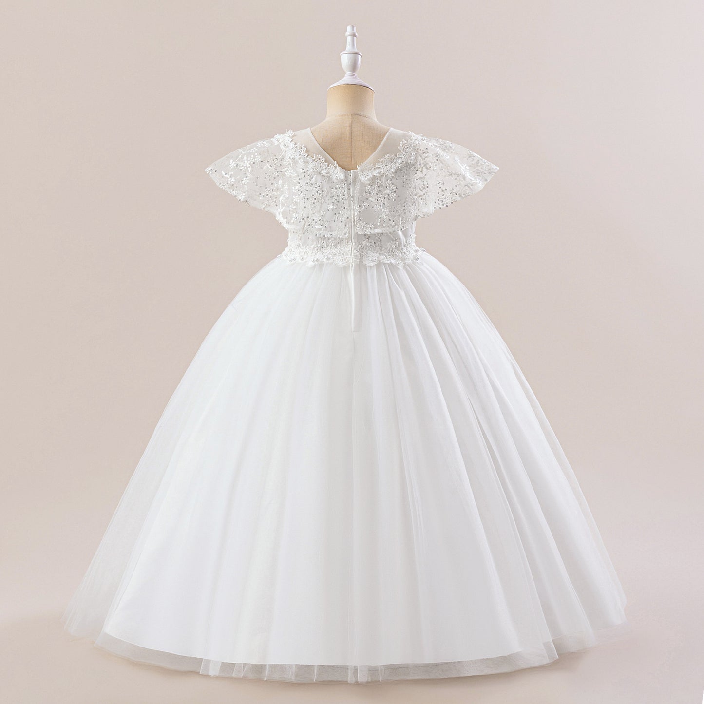 White Girls' Maxi Tulle Dress with Sequins – Flower Girl & Party Gown