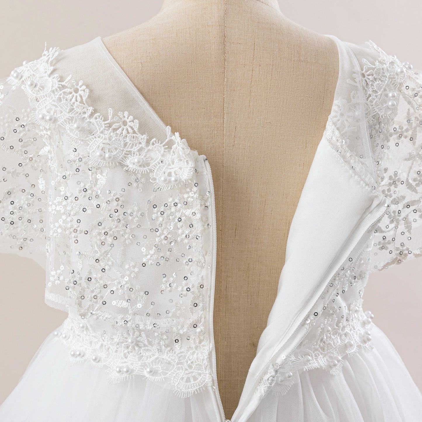 White Girls' Maxi Tulle Dress with Sequins – Flower Girl & Party Gown