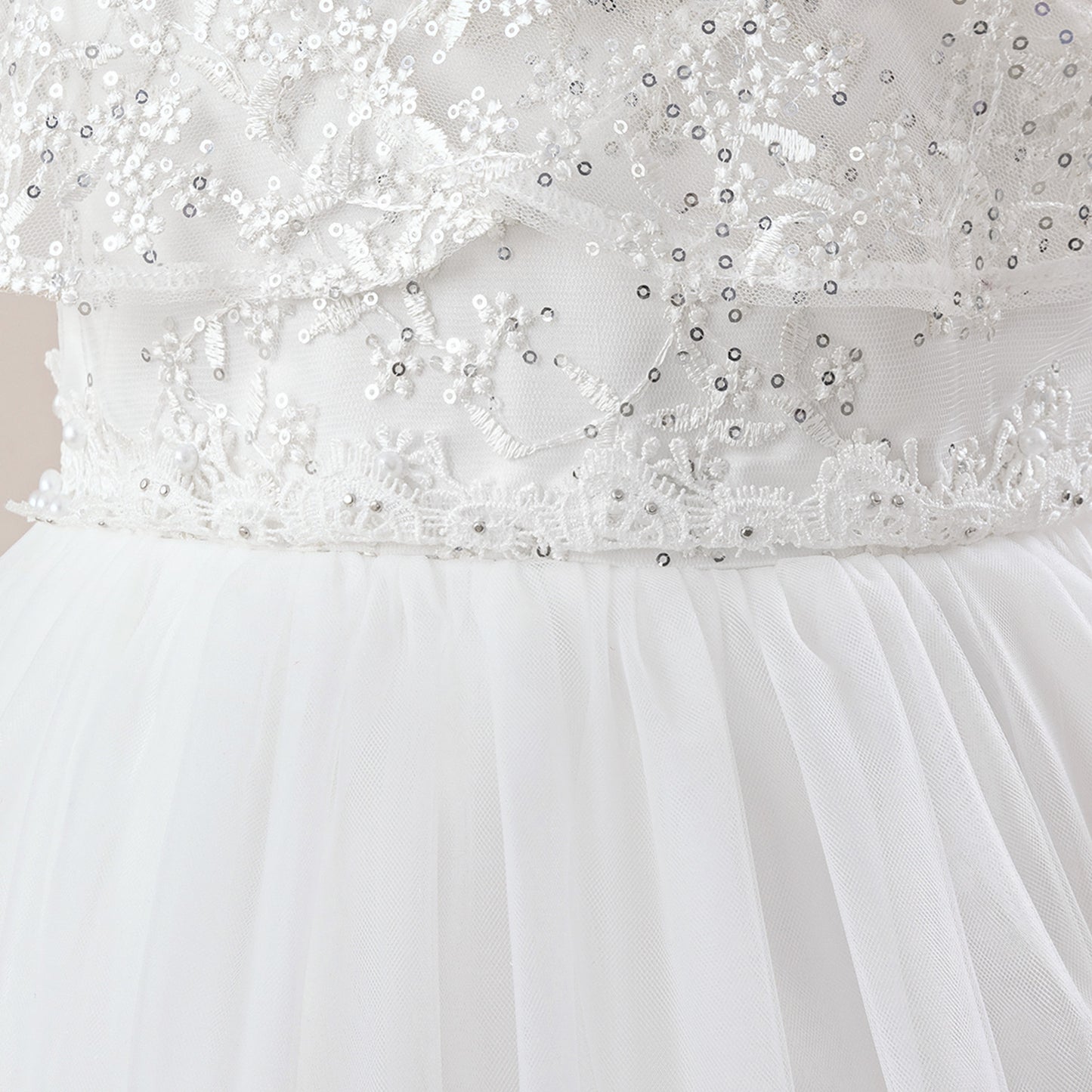 White Girls' Maxi Tulle Dress with Sequins – Flower Girl & Party Gown