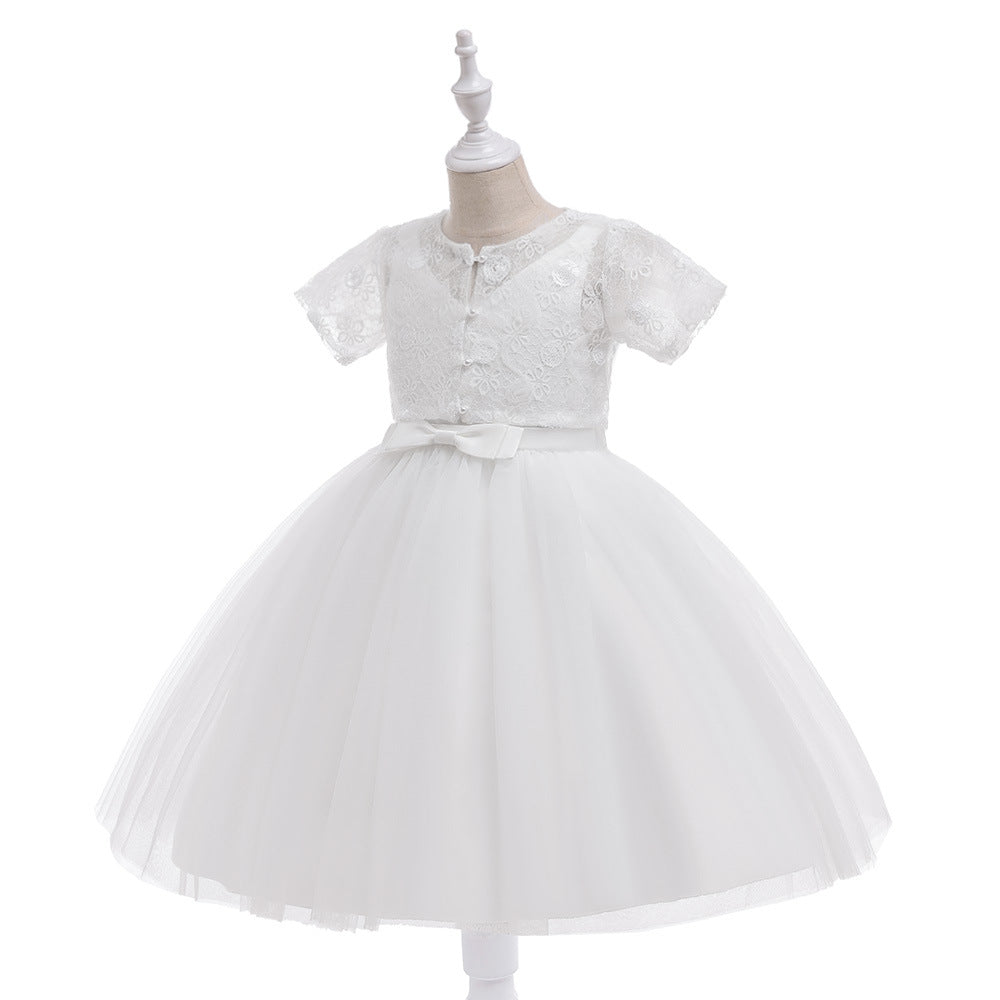 Girls White Tulle A-Line Princess Dress - Lace, Sequins & Bow | Cute Flower Girl & Party Dress
