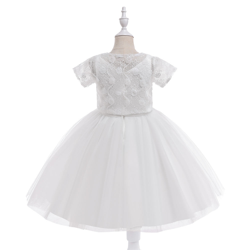 Girls White Tulle A-Line Princess Dress - Lace, Sequins & Bow | Cute Flower Girl & Party Dress