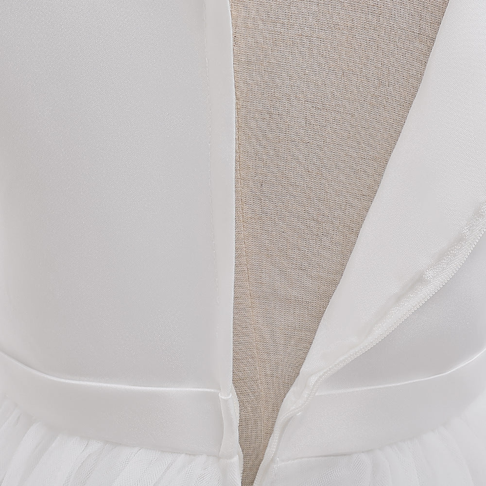 Girls White Tulle A-Line Princess Dress - Lace, Sequins & Bow | Cute Flower Girl & Party Dress