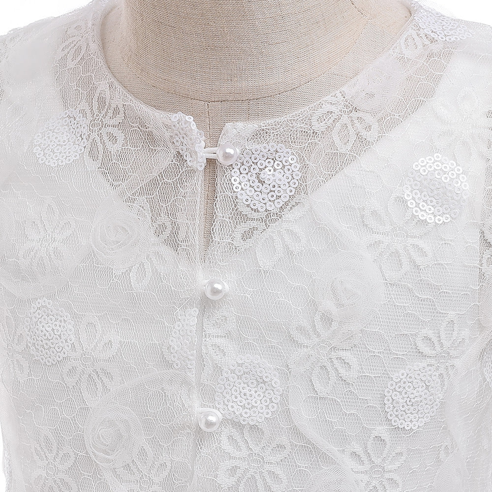 Girls White Tulle A-Line Princess Dress - Lace, Sequins & Bow | Cute Flower Girl & Party Dress