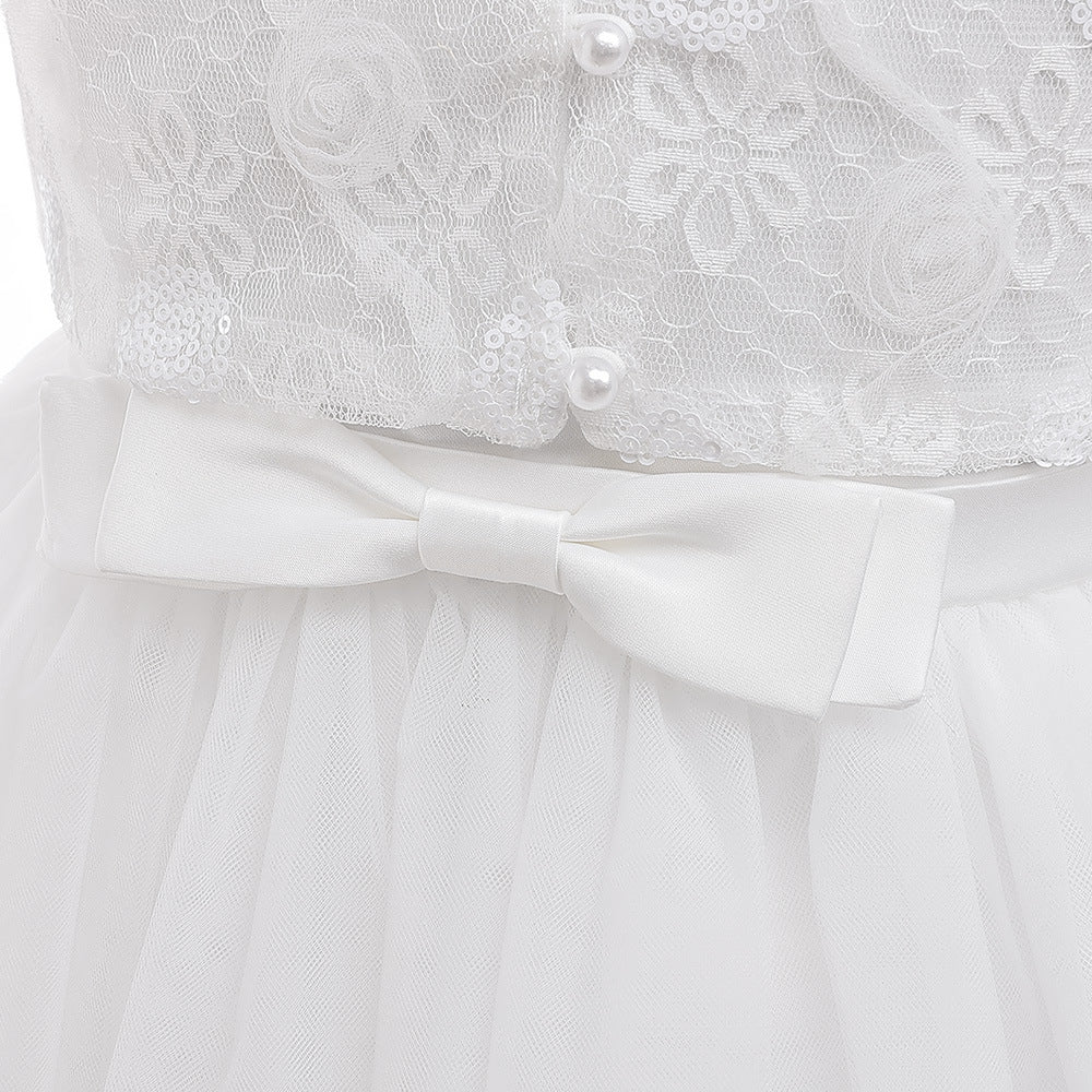 Girls White Tulle A-Line Princess Dress - Lace, Sequins & Bow | Cute Flower Girl & Party Dress