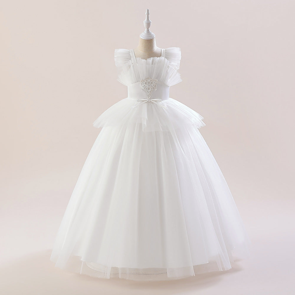 Cute A-Line White Tulle Maxi Dress for Girls—Flower Girl & Party Gown (5-12Y)