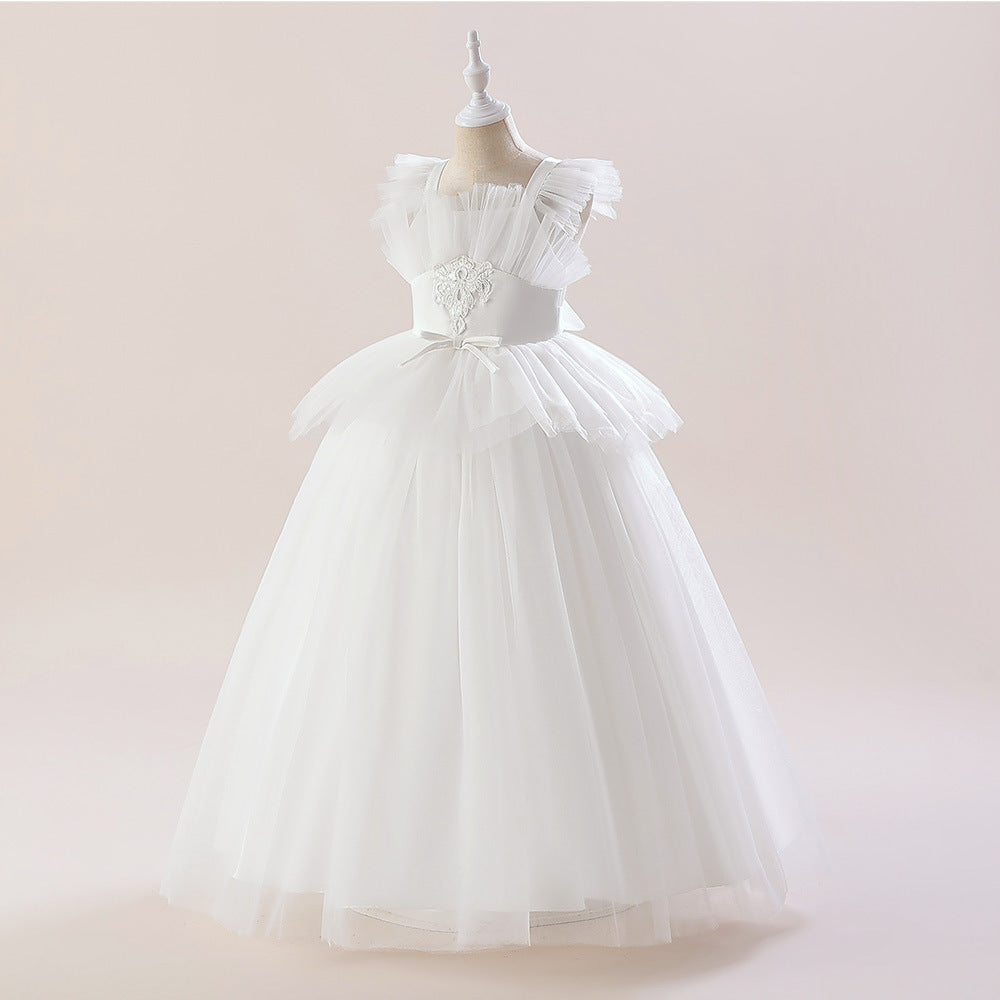 Cute A-Line White Tulle Maxi Dress for Girls—Flower Girl & Party Gown (5-12Y)