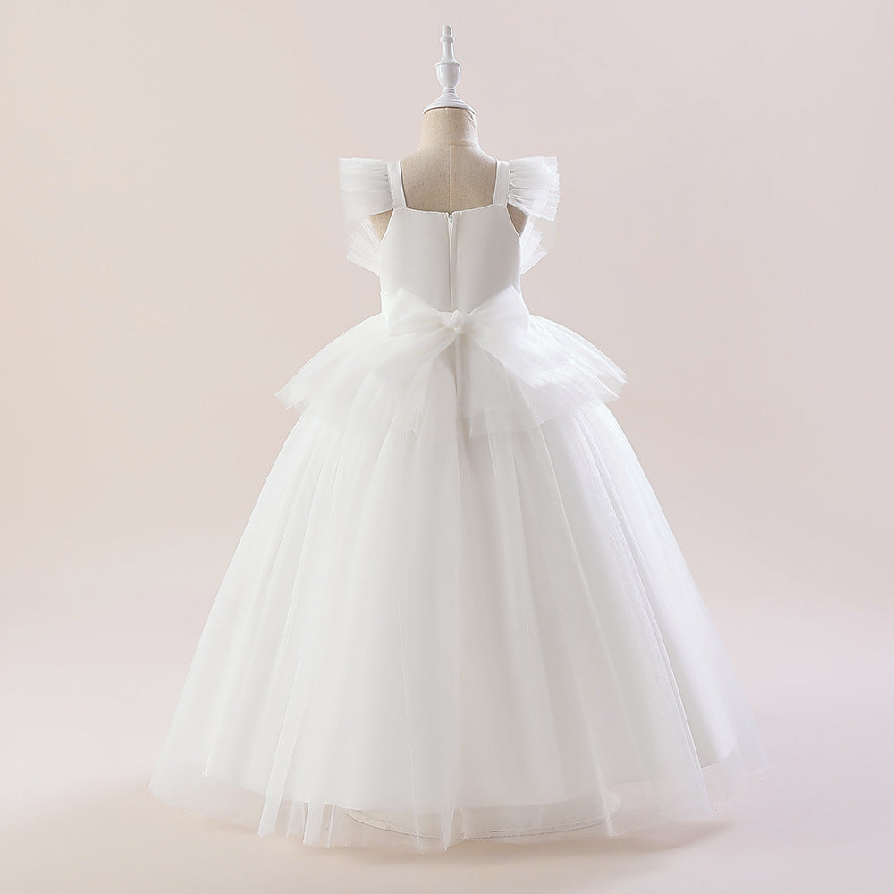 Cute A-Line White Tulle Maxi Dress for Girls—Flower Girl & Party Gown (5-12Y)