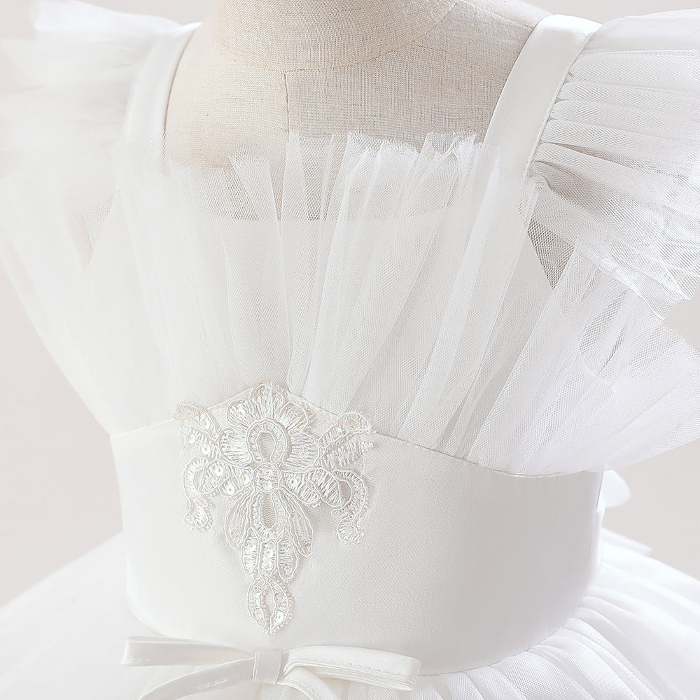 Cute A-Line White Tulle Maxi Dress for Girls—Flower Girl & Party Gown (5-12Y)