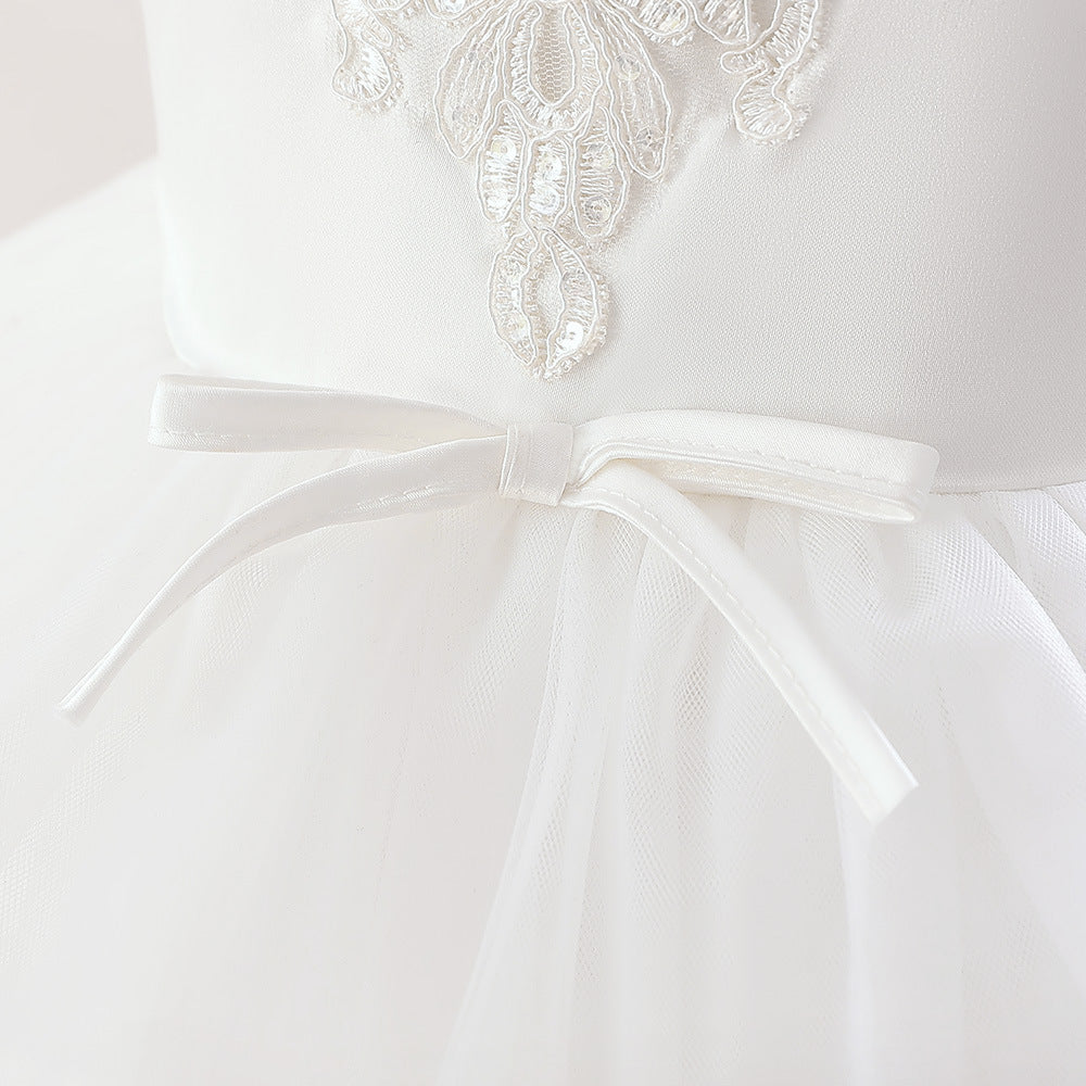Cute A-Line White Tulle Maxi Dress for Girls—Flower Girl & Party Gown (5-12Y)