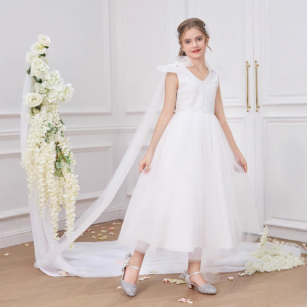 White Tulle A-Line Princess Dress with Sequins for Girls (Ages 5-13)