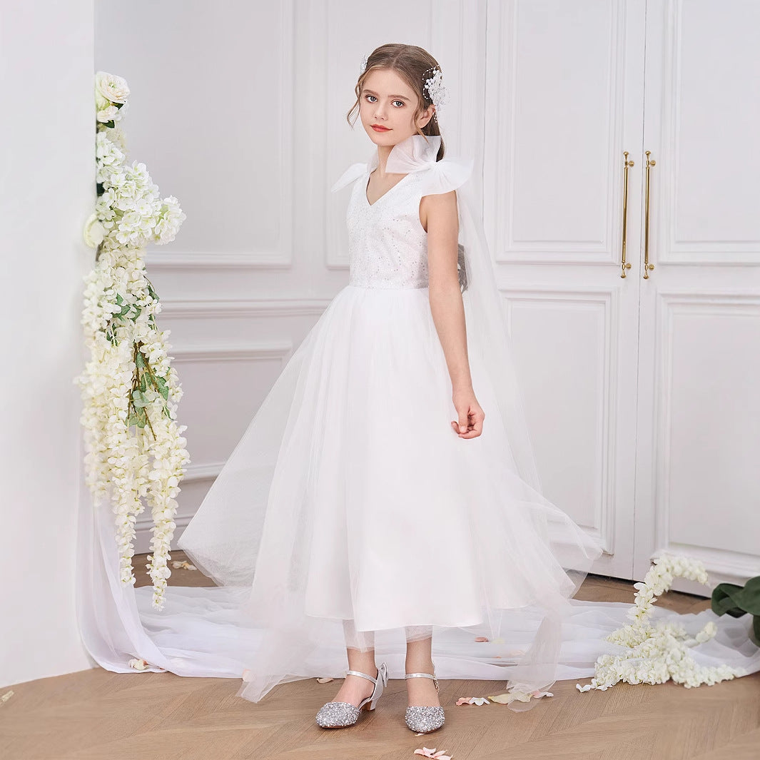 White Tulle A-Line Princess Dress with Sequins for Girls (Ages 5-13)