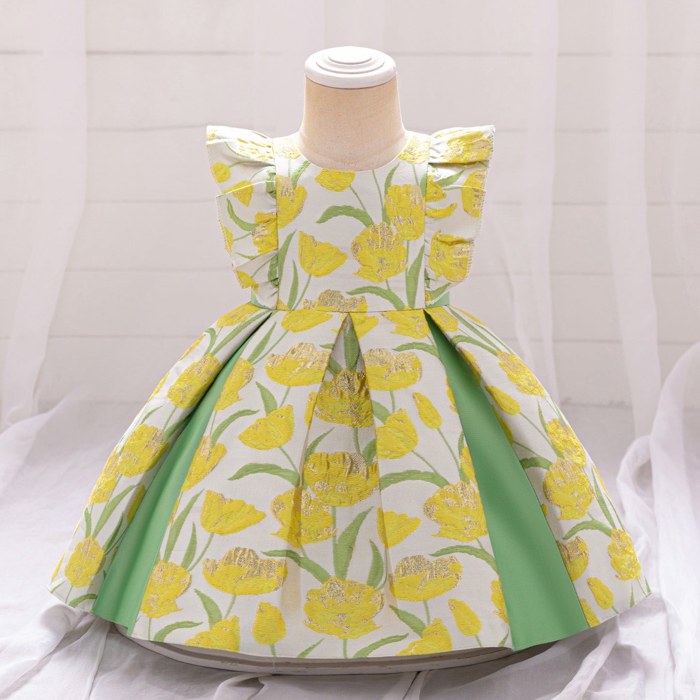 Yellow Floral Baby Ball Gown Dress with Flutter Sleeves for Parties & Celebrations