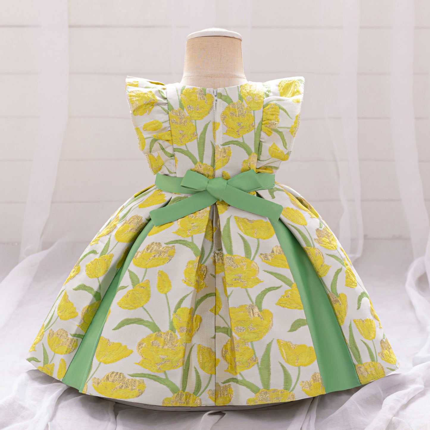 Yellow Floral Baby Ball Gown Dress with Flutter Sleeves for Parties & Celebrations