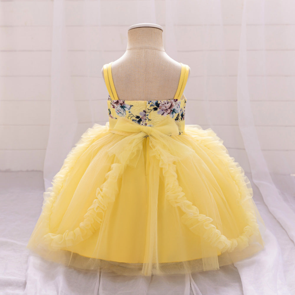 Yellow Floral Princess Dress for Girls | Cute A-line Tulle Tea Length Party Gown