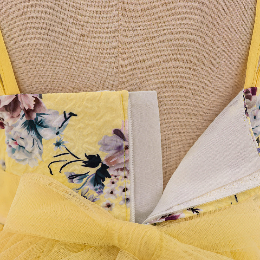 Yellow Floral Princess Dress for Girls | Cute A-line Tulle Tea Length Party Gown