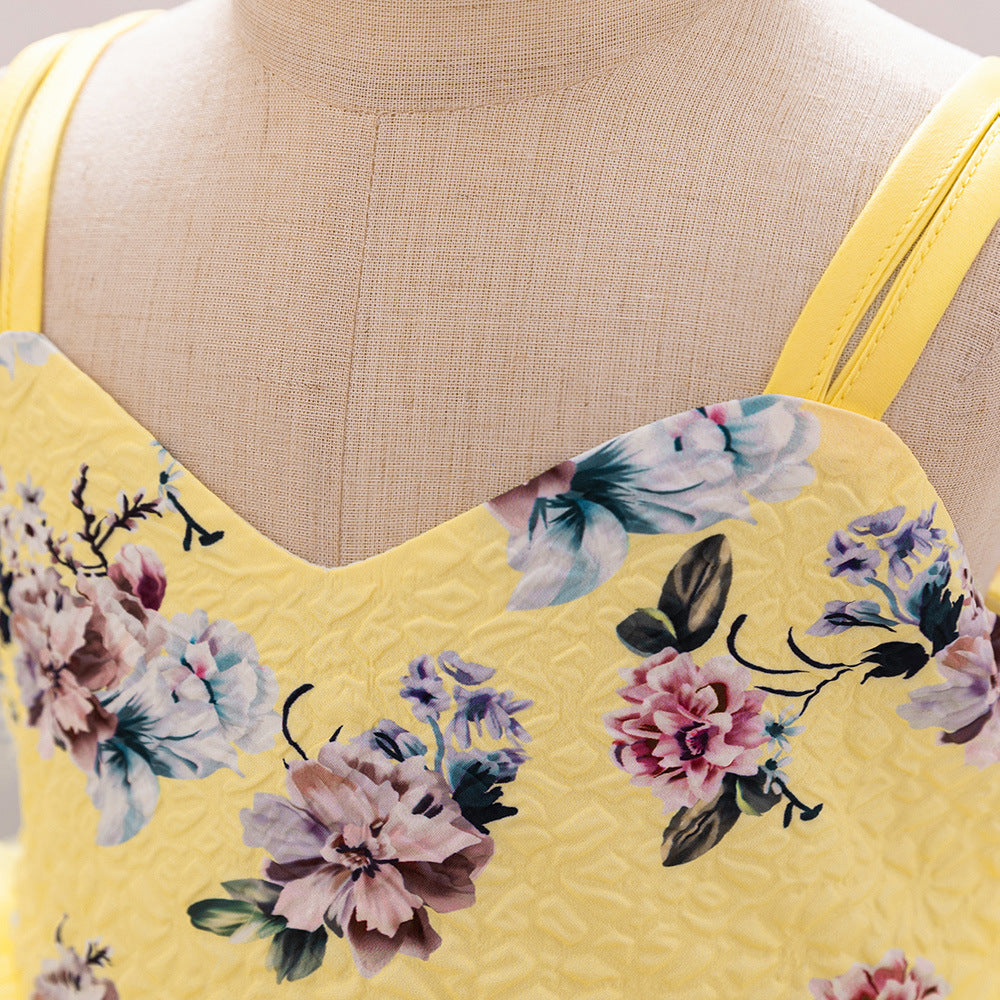 Yellow Floral Princess Dress for Girls | Cute A-line Tulle Tea Length Party Gown