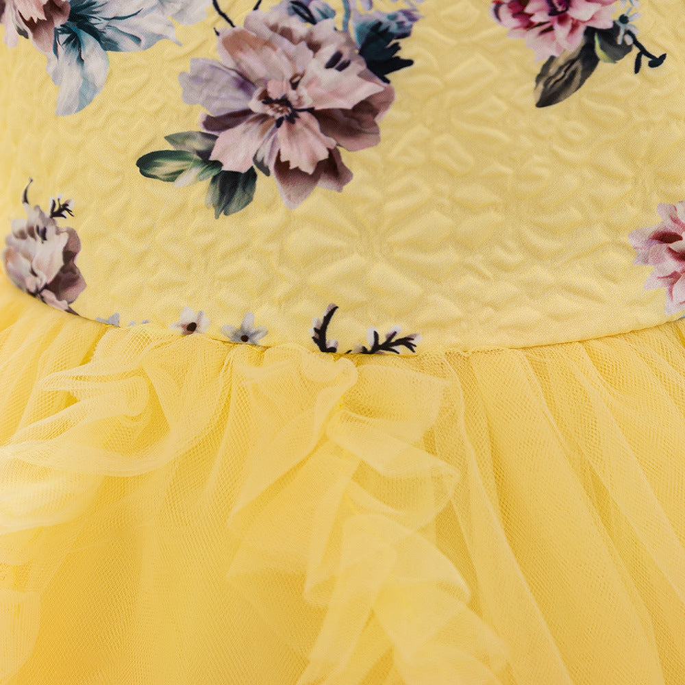 Yellow Floral Princess Dress for Girls | Cute A-line Tulle Tea Length Party Gown