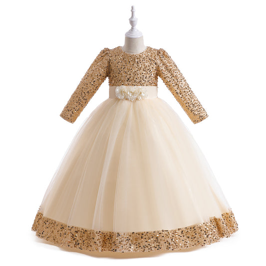 Girls Maxi Princess Dress with 3D Flowers & Sequins – Long Sleeve A-Line Gown
