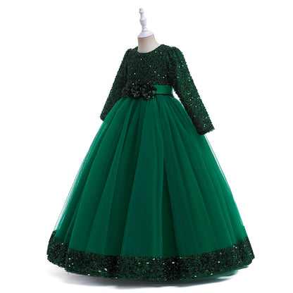 Frocklet Girls Maxi Princess Dress with 3D Flowers & Sequins – Long Sleeve A-Line Gown 1