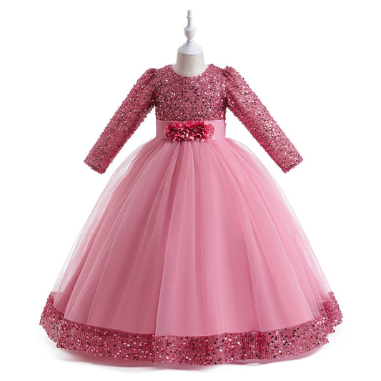 Girls Maxi Princess Dress with 3D Flowers & Sequins – Long Sleeve A-Line Gown