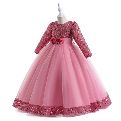 Frocklet Girls Maxi Princess Dress with 3D Flowers & Sequins – Long Sleeve A-Line Gown 25