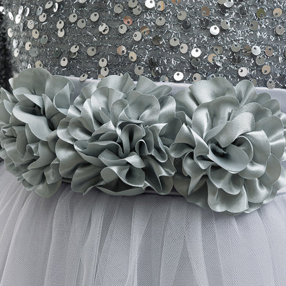 Frocklet Girls Maxi Princess Dress with 3D Flowers & Sequins – Long Sleeve A-Line Gown 35
