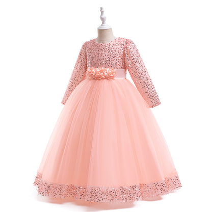 Frocklet Girls Maxi Princess Dress with 3D Flowers & Sequins – Long Sleeve A-Line Gown 38
