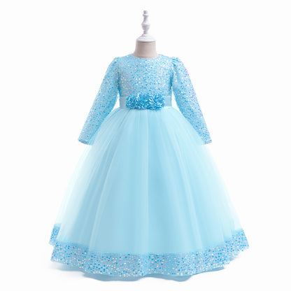 Frocklet Girls Maxi Princess Dress with 3D Flowers & Sequins – Long Sleeve A-Line Gown 44