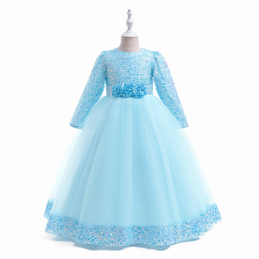Girls Maxi Princess Dress with 3D Flowers & Sequins – Long Sleeve A-Line Gown