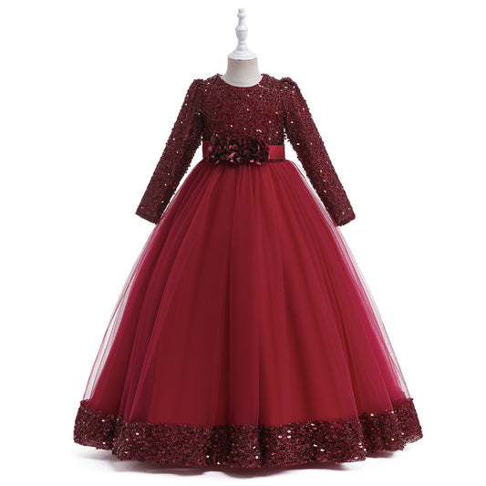Girls Maxi Princess Dress with 3D Flowers & Sequins – Long Sleeve A-Line Gown