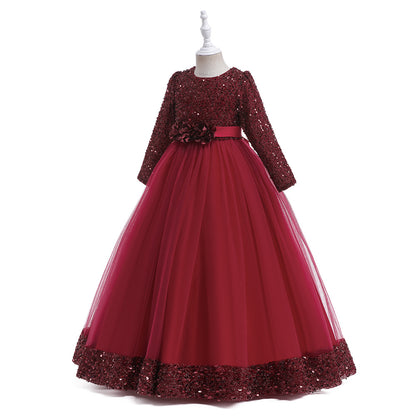 Frocklet Girls Maxi Princess Dress with 3D Flowers & Sequins – Long Sleeve A-Line Gown 9