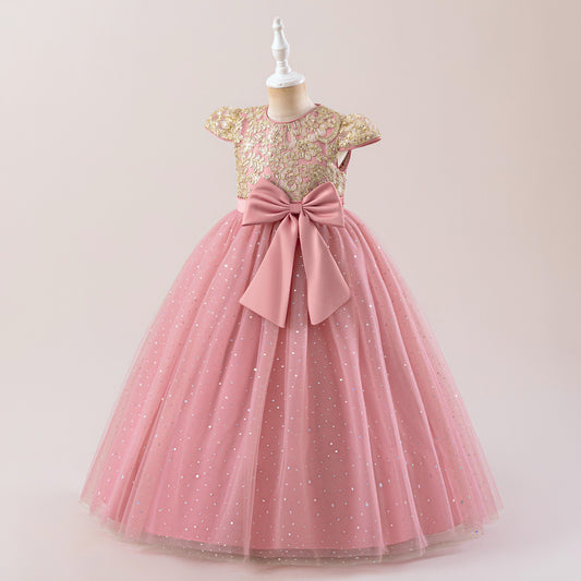 Girls Glitter Tulle Maxi Dress - Sequin Flower Girl Party Gown with Bow