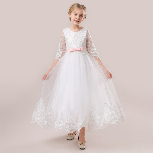 White A-Line Maxi Girl's Princess Dress with Lace & Sequins | Party, Wedding, Formal